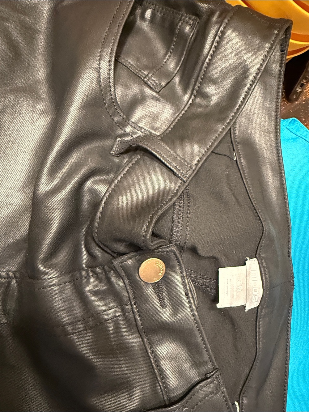 Chico's Black Faux Leather Pants with Gold Button